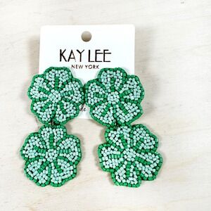 NWT Kay Lee Seed Beaded Green Flowers Boho Party Accent Earrings Handmade‎